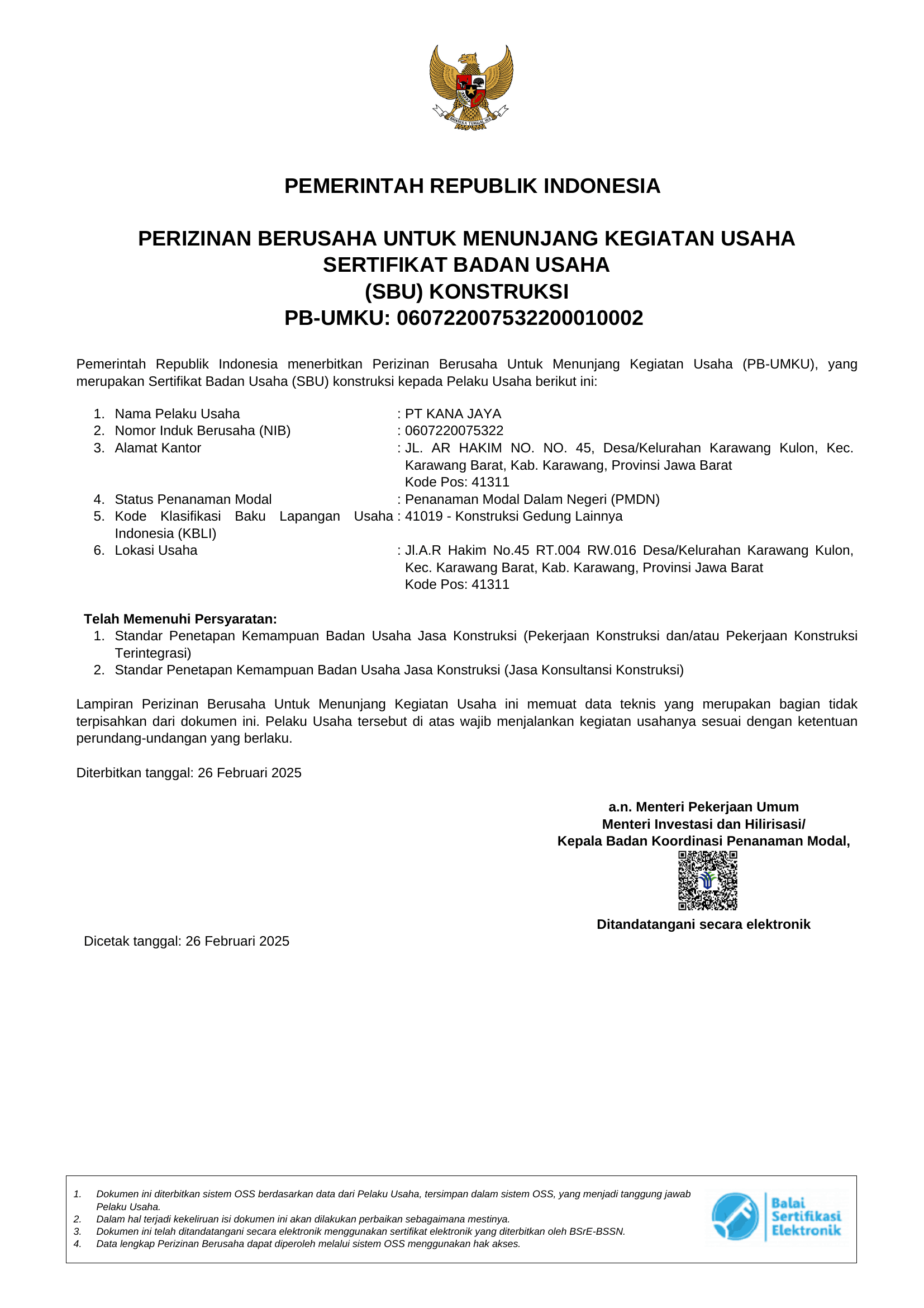 PERIZINAN BERUSAHA UNTUK MENUNJANG KEGIATAN USAHA SERTIFIKAT BADAN USAHA (SBU) KONSTRUKSI